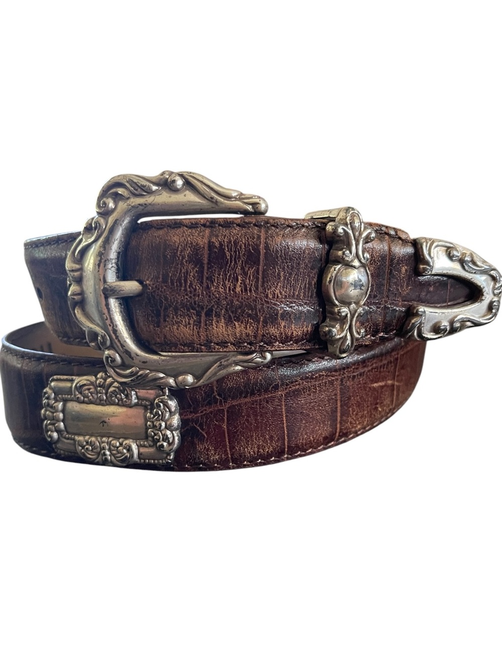 Fossil Alligator Print Embossed Leather with Silver Tone Ornate Medallions Large
